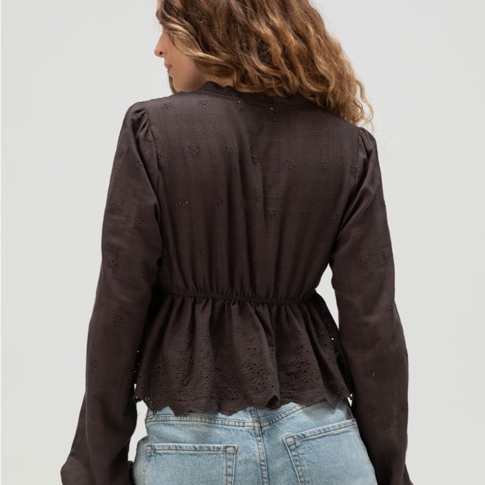 RSQ‎ Womens Brown Cotton Crochet Long Sleeve Tie Front Top XXS NWT - Picture 2 of 8